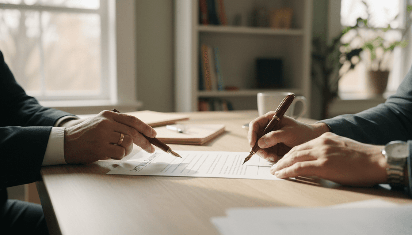 Notary guiding a client to sign a document at a kitchen table