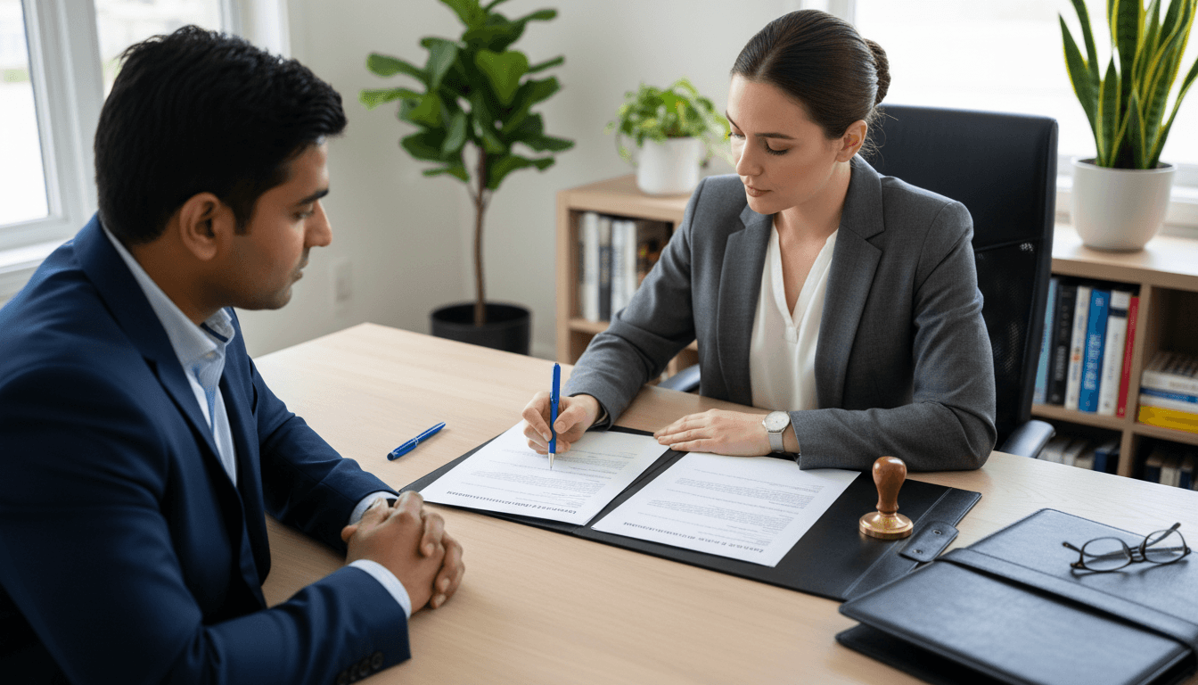 Mobile notary handing a document to a client at their home table