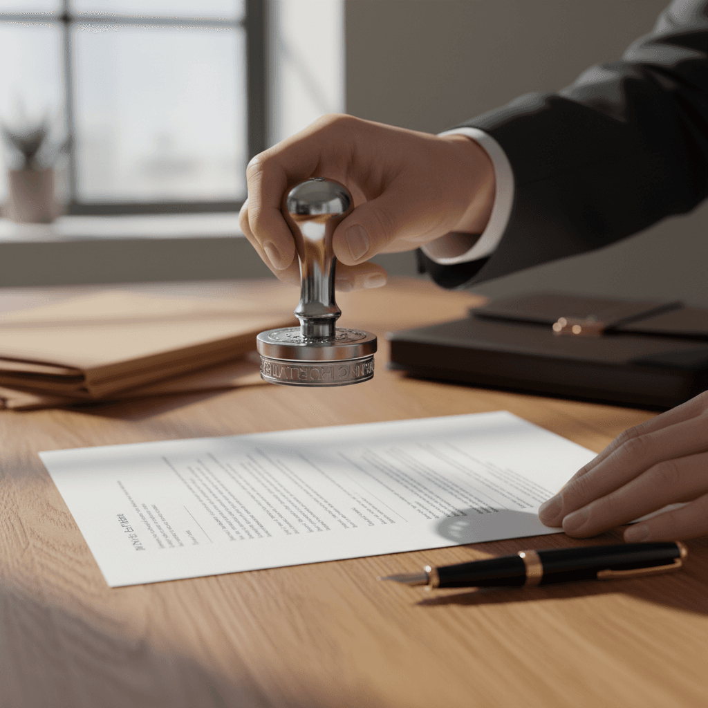 Notary stamping a document at a home table