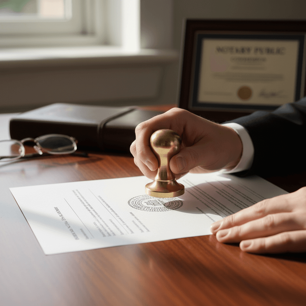 Notary stamping a document on a table