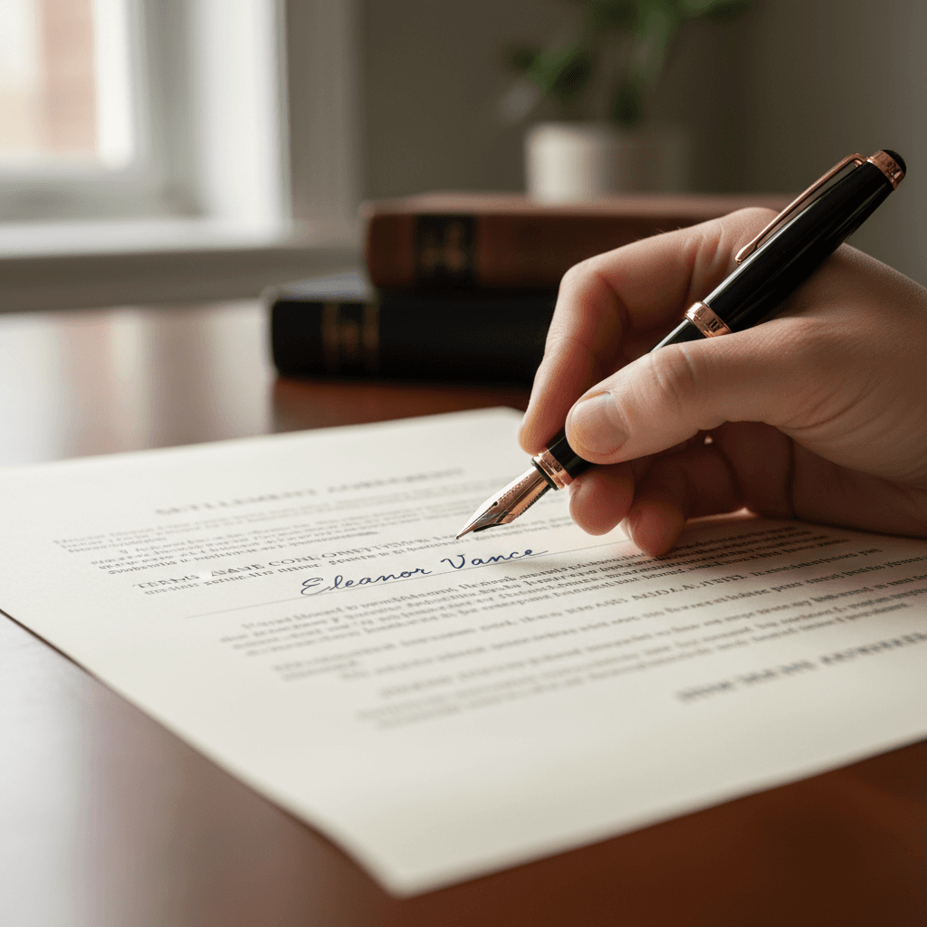 Hands signing a power of attorney document on a wooden table