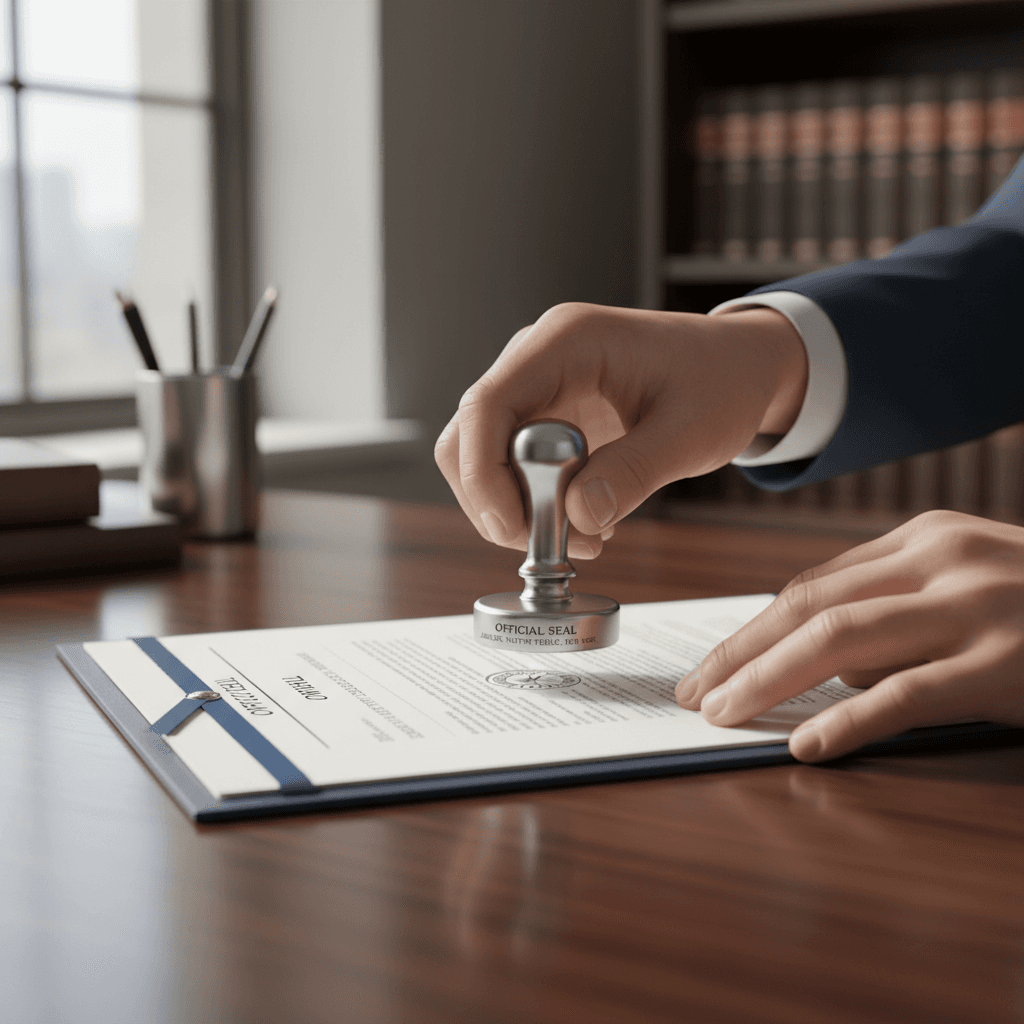 Notary stamping a document on a wooden table with a pen nearby